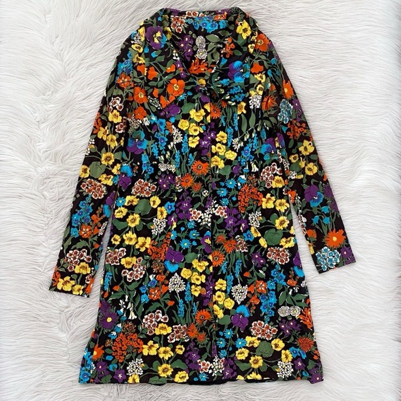 Vintage Dresses & Skirts - Vintage 70s Retro Dark Floral Button Front Long Sleeve Mini Dress Orange Blue